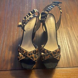 SCHUTZ Animal Print and Black Platform Heels